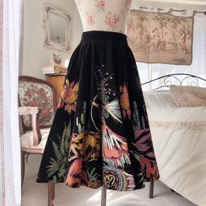 Black floral 50s skirt  50s hand painted Mexican circle skirt by Artegreen